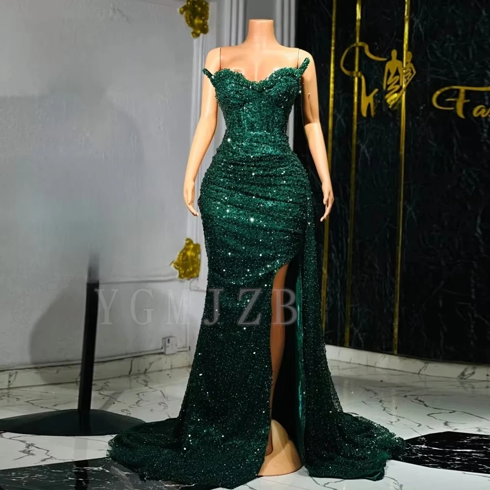 Emerald Green Prom Dress 2026 Black Girls Luxury Mermaid Diamonds Bead Sexy Slit Vestidos De Gala Wedding Evening Party Gowns
