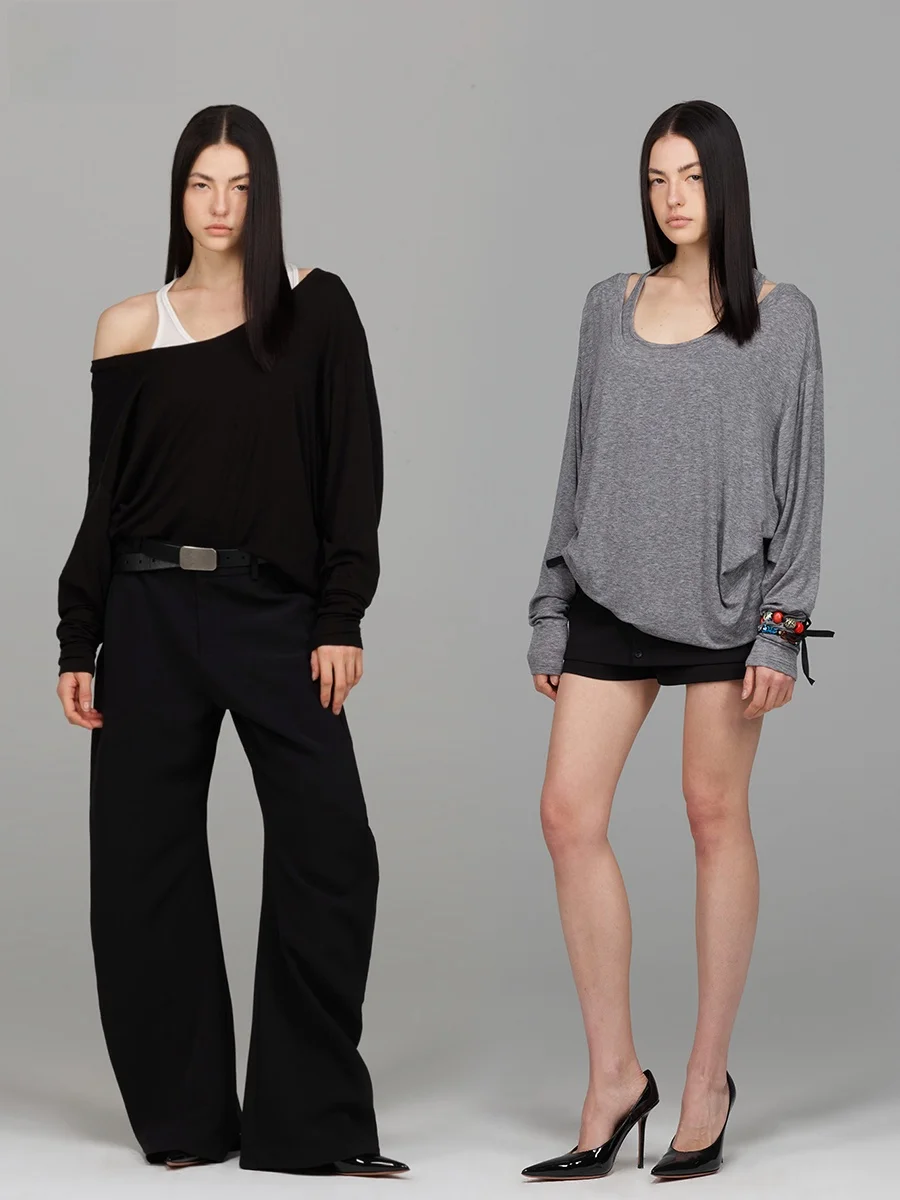 

ACSENSE STUDIO Silk Wool Comfortable Long Sve Vest Two-Piece Set Spring Summer Street Sle Loose Fit Color T-irt