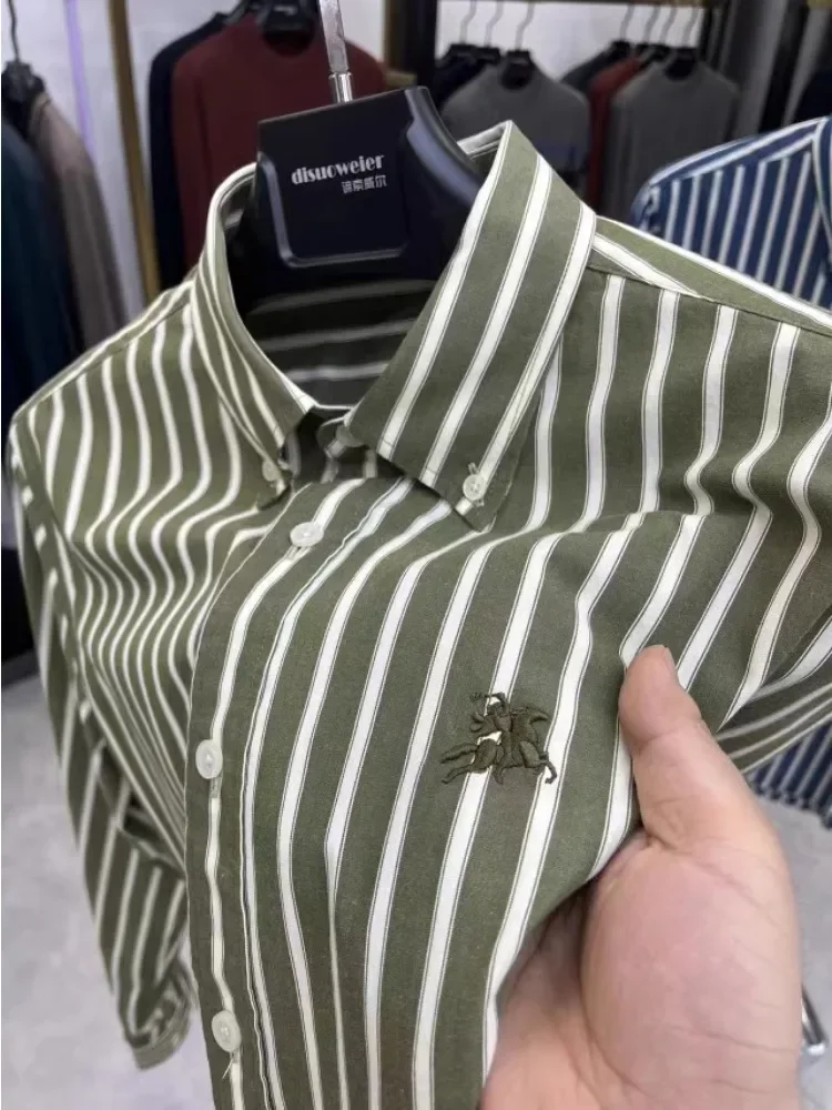 

High-end Luxury Designer Men's Shirt 100Cotton Vertical Stripe Horse Embroidery Long Sleeve British Fashion Exquisite Menswear