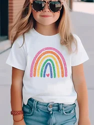 Summer Baby Girl White Clothes Kid Girls Casual Rainbow Printed T-shirts Children Fashion Crew Neck Short Sleeve Top