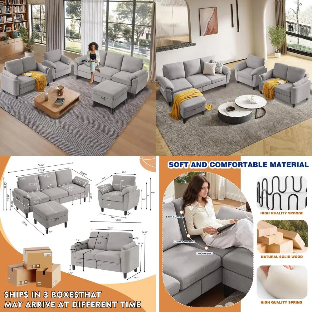 طقم أريكة مقطعية قابلة للتحويل مكونة من 4 قطع: أريكة من الكتان على شكل حرف L مع كرسي قابل للعكس، 3 مقاعد، مقعدين، كرسي بذراعين، مثالي للعيش