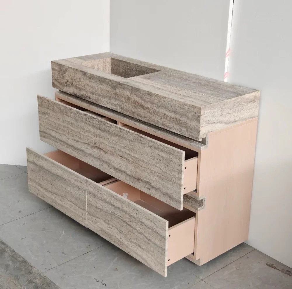 #￥Luxury Silver Travertine Washbasin Cabinet Natural Stone Sink with Drawers for Modern Hotel and Residential Bathroom Projects