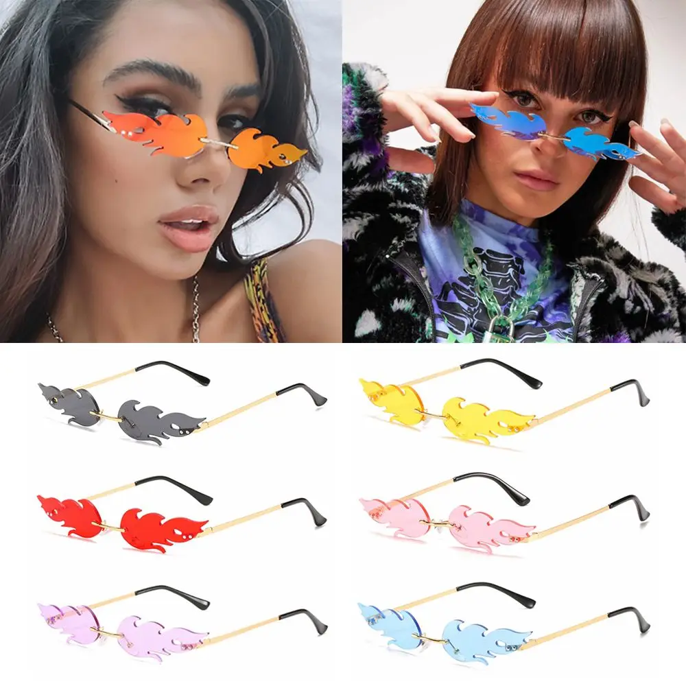 Streetwear Cosplay Party Eyewear Rimless Fashion Flame Sunglasses Flame Shaped Sun Glasses Sunglasses for Women