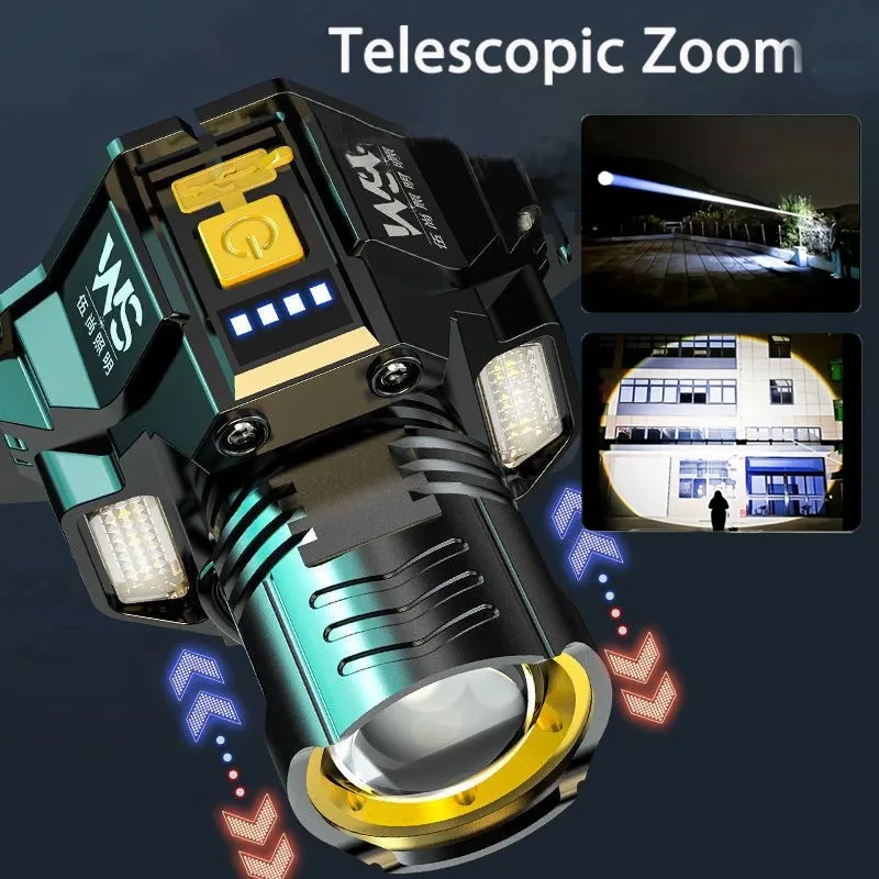 Lampada frontale con sensore Torcia frontale a LED Potente torcia frontale COB Batteria incorporata Lanterna da campeggio da pesca ricaricabile tramite USB