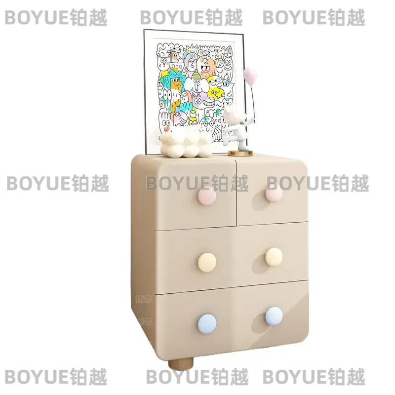 Bamboo Kids Bedside Table with Wheels Multi Layer Storage Nightstand for Children Bedroom Cartoon Character Design Home