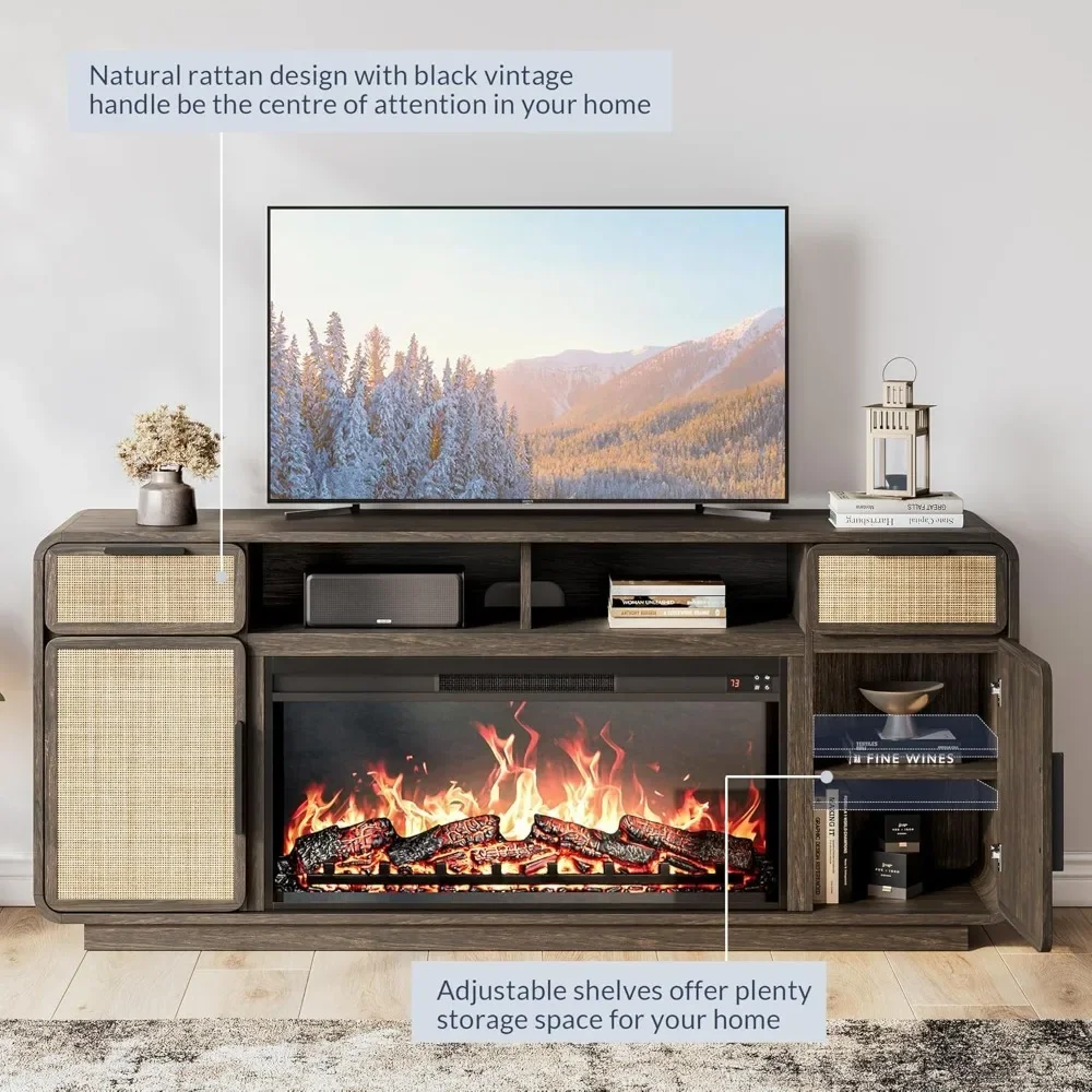 68-Zoll-TV-Ständer für Fernseher bis zu 75 Zoll, Boho-Entertainment-Center mit 36-Zoll-Elektrokaminheizung und Ton, mit Rattan verzierte Konsole