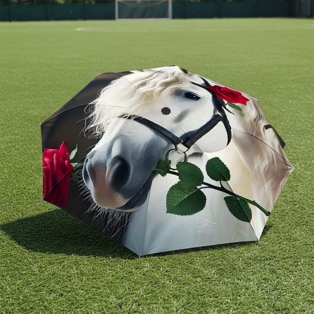 1P C Romantic Horse Umbrella with Rose Design Print 8 Iron Ribs Folding Umbrella Auto-Open Fashion Sunshade