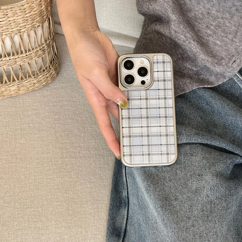 Korean Ins Epoxy Blue Plaid Pattern Anti-fall Creative Cute Phone Case For Samsung S 23 24 25 26 FE ULTRA EDGE PLUS Y2K Cover