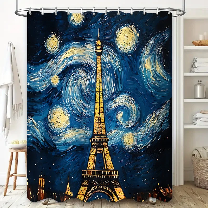 

Eiffel Tower Night Sky Shower Curtain Artistic Bathroom Decor Vintage Style Waterproof Home Textile Waterproof Polyester