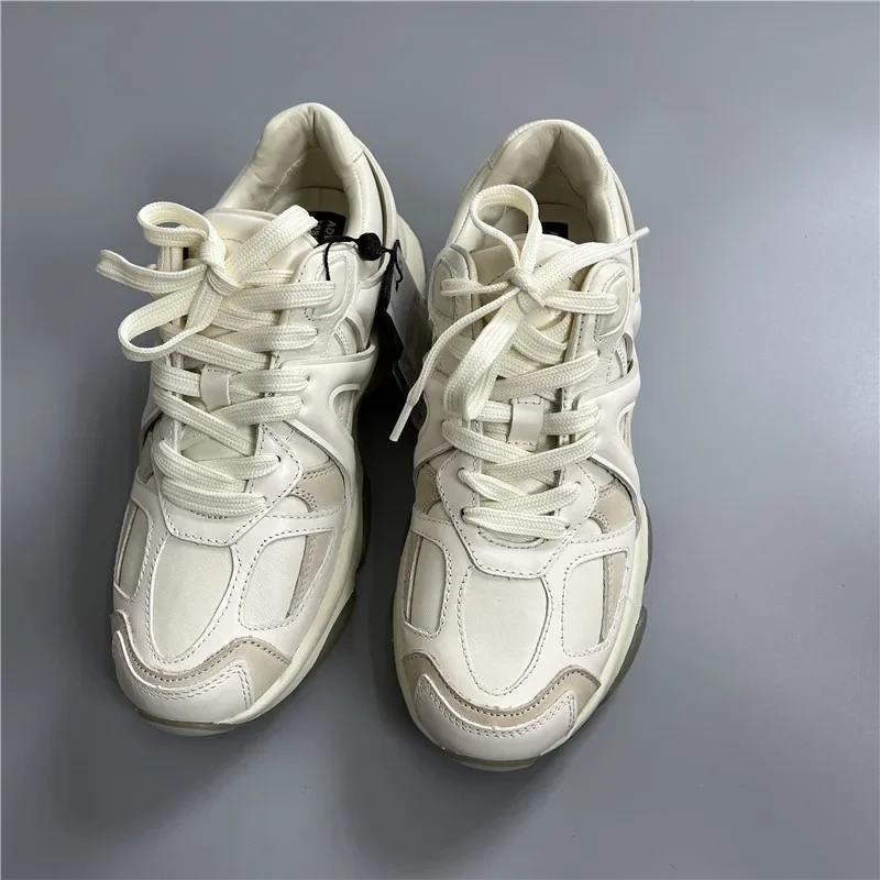 Mrxmus Dutit 2024 New Genuine Leather Sports Shoes Comfortable Thick Soled Height Increasing Small White Shoes Retro Dad Shoes