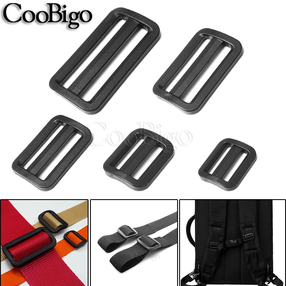 10pcs Curve Tri-Glide Slider Sliplock Buckle Adjustable Plastic Black for Bag Straps Webbing Size 20mm 25mm 32mm 38mm 50mm