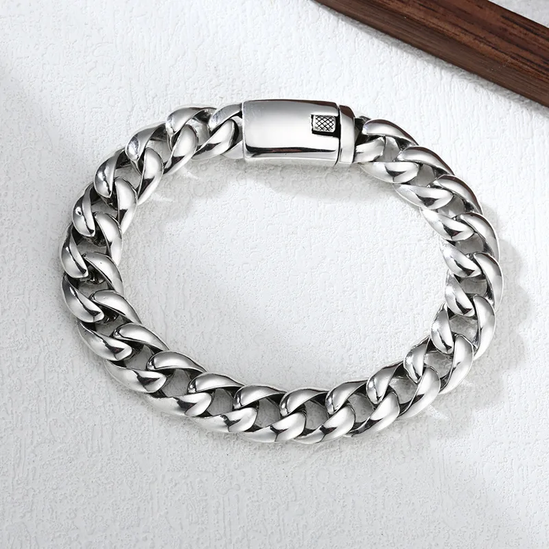 S925 Sterling Silver Punk Style Cuba Bracelet 10mm Old Process 18 20CM Heavy Body Bright Fine Jewelry FYBT128