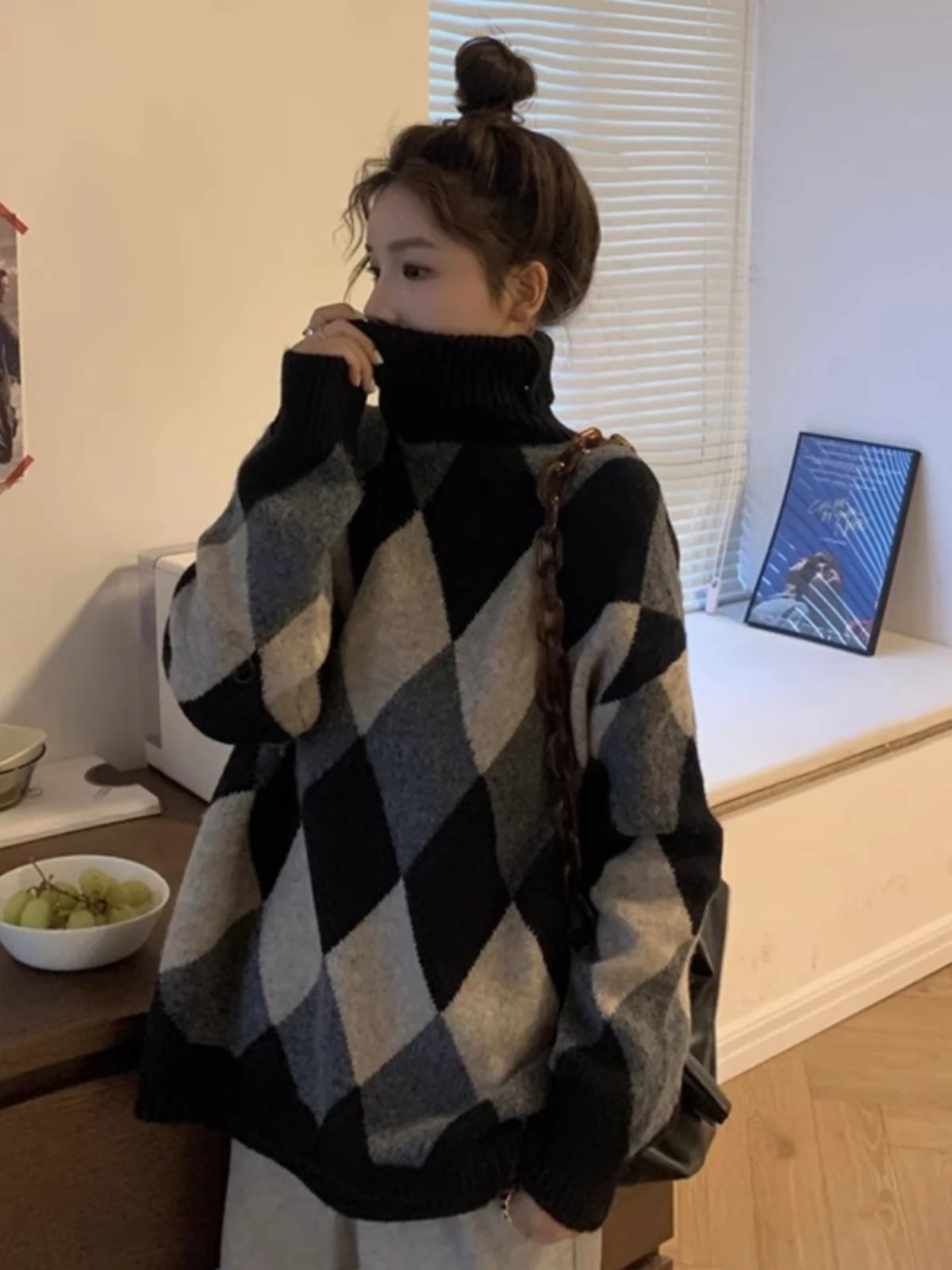 

Ретро цветной свитер с ромбовидным узором, свитер с высоким воротником, женская осенне-зимняя верхняя одежда, свободное трикотажное пальто с ленивым рукавом