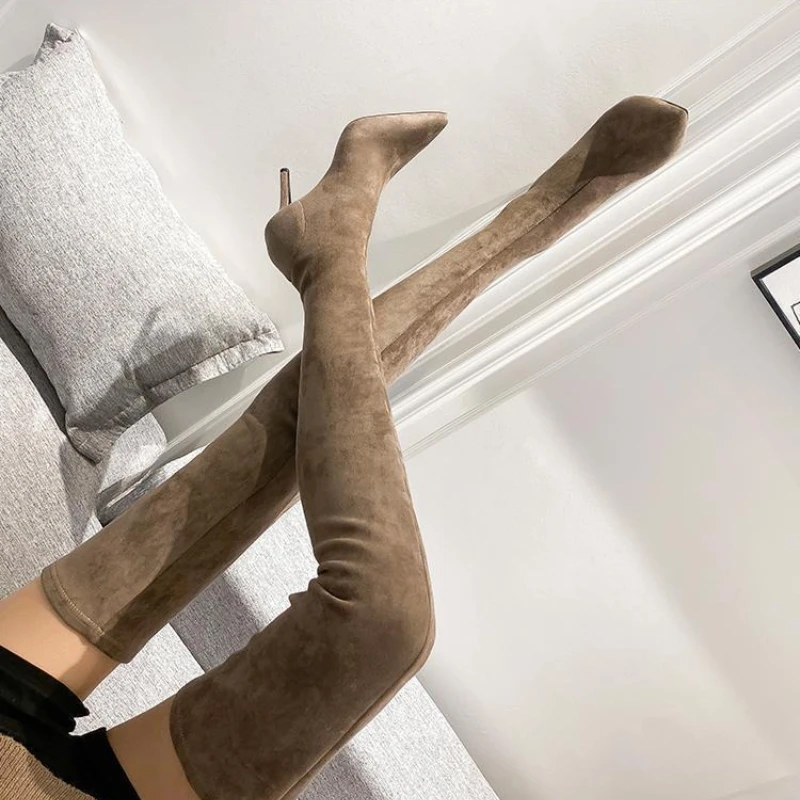 

Women's New 2025 Autumn Winter Suede Over The Knee Boots Brown Stretchy Leg Slimming Pointed Toe Sexy Stiletto High Heel