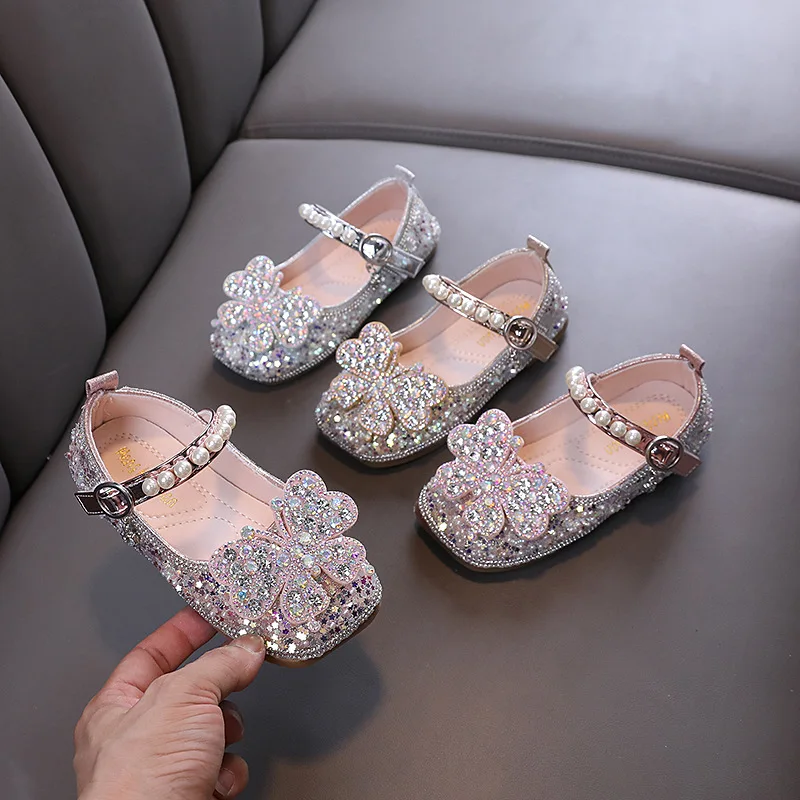 Girls Princess Leather Shoes Sweet Rhinestone Butterfly Kids Causal Wedding Party Shoes Fashion Shallow Sequins Children Shoes