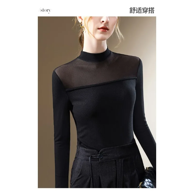 Fashion Casual Mesh Stitching Black Bottoming Shirt for Women Half Turtleneck Slim Long Sleeve T-shirt for Women