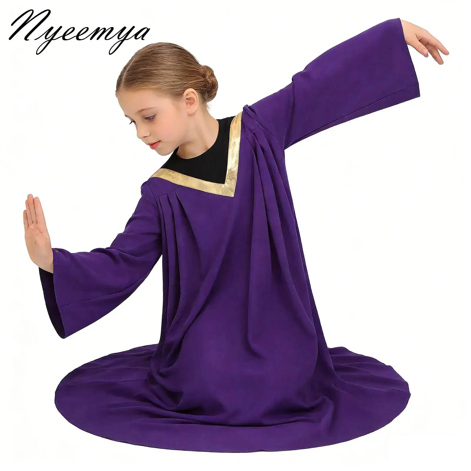 

Kids Praise Dance Dress Girls Long Sleeve Metallic Lyrical Dance Dress Church Worship Choir Dancewear Stage Performance Costume