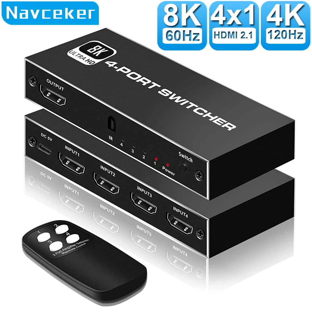 Navceker 8K HDMI 2.1 przełącznik wyboru 4K 120Hz HD przełącznik rozdzielacz HDMI 4 w 1 wyjście 3 w 1 wyjście na laptopa przełącznik PC TV, pudełko PS5