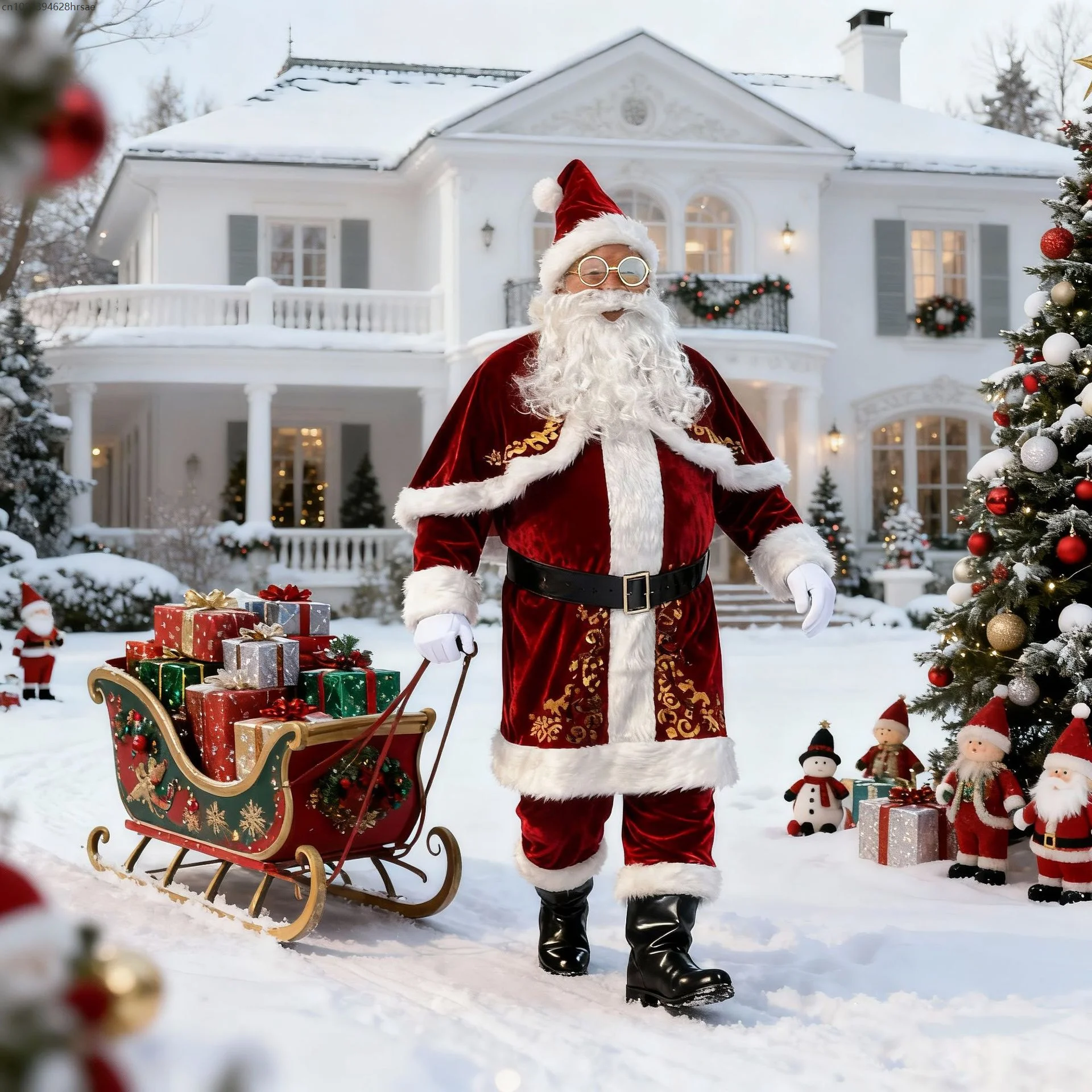 Erwachsenen-Deluxe-Weihnachtsmann-Kostüm Luxuriöser Weihnachtsmann-Anzug mit Bart, Hut und Gürtel Set Unisex Weihnachts-Cosplay-Kostüm für Feiertagspartys