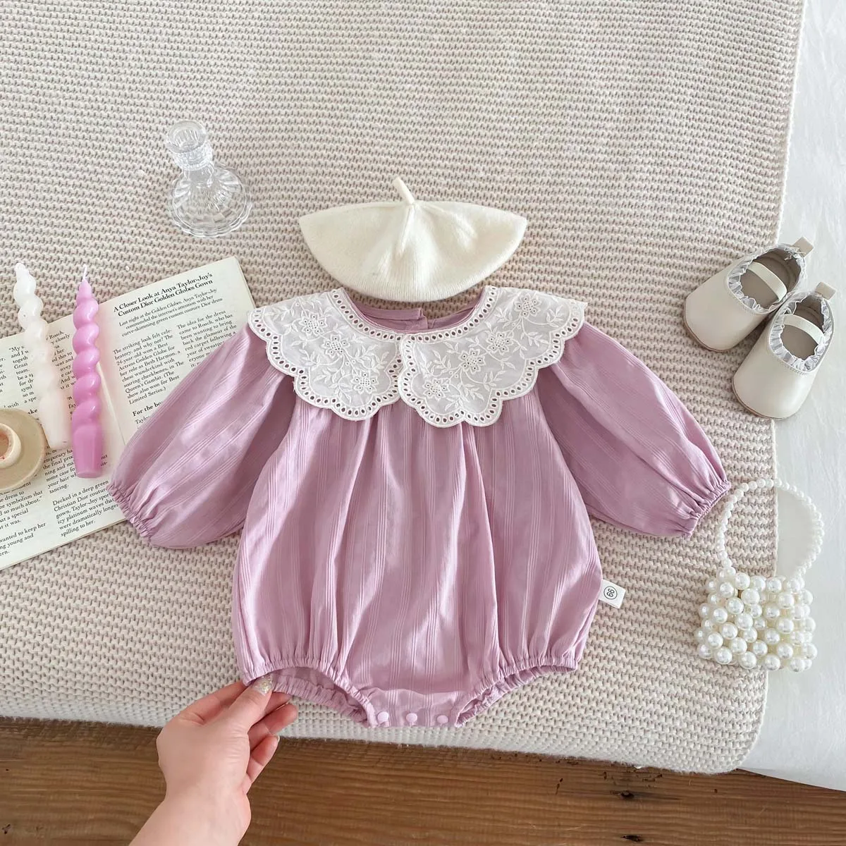 Korean Fashion Baby Romper Newborn Bodysuit Lace Peter Pan Collar Long Sleeves Infant Girl Jumpsuit 0-2yrs