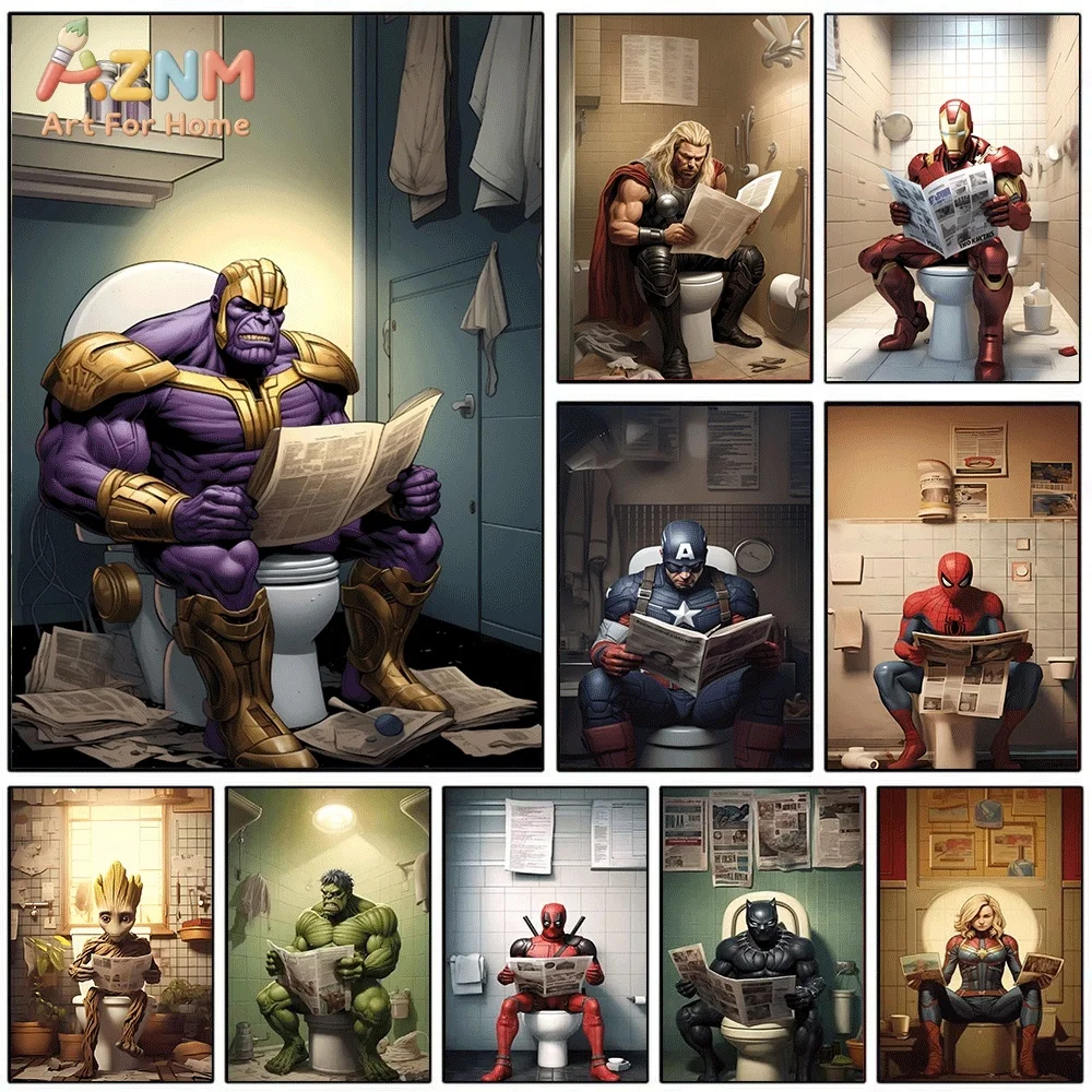 Funny Marvel Superhero Sit On Toilet Reading Newspaper Canvas Wall Art Humorous Character Print Poster, Frameless Wall Picture