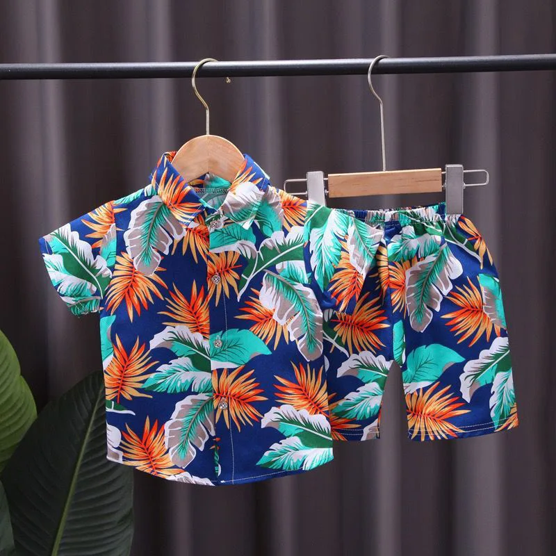 Children's clothing children's printed shirt suit boy fashion casual beach style short sleeve 2-piece set.