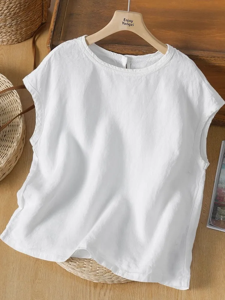 

Чистый цвет льняной ор Све irt женский летний винтажный круглый универсальный верхний топ Ele удобный свободный крой