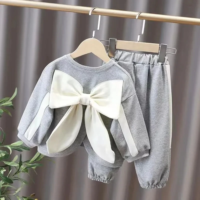 Baby Girls Autumn Suit 2024 New Spring and Autumn Fashion Cute Bow Loose Sweater Pants Two-piece Children\'s Clothing Suit