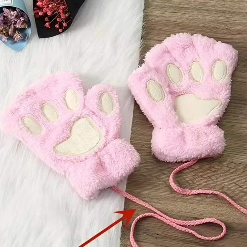 

Kawai Cat Paw Gloves Женские осенне-зимние флисовые толстые теплые висячие перчатки для верховой езды на пальцах с милым меховым бархатным медведем PAWS Cat Claws
