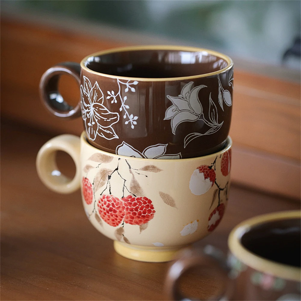 Creative New Chinese Mug High Color Value Kitchen Supplies Coffee Cup Latte Peony Lychee Lily Violet Printed Ceramic Cup 210ml