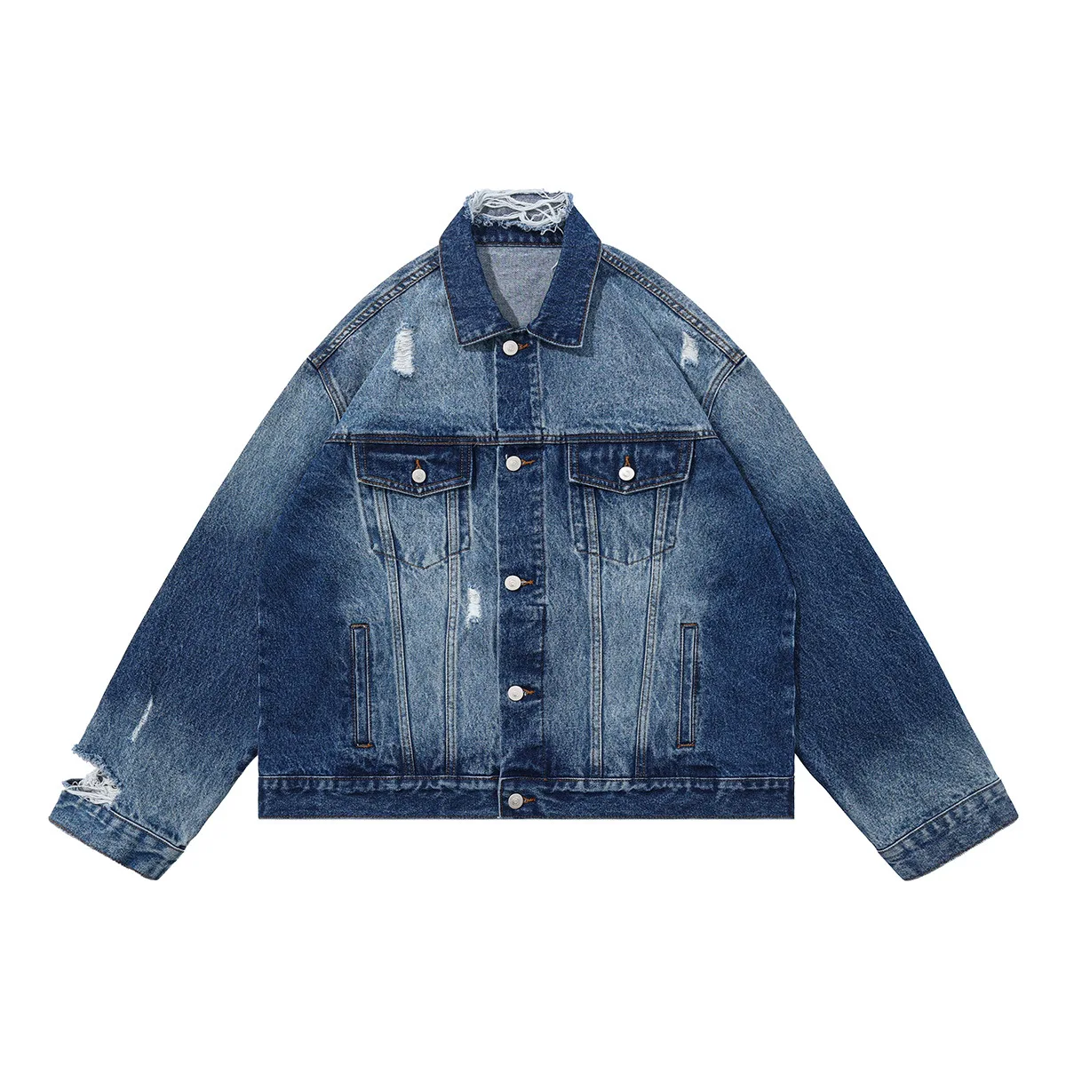 

Men's Heavyweight Denim Jacket with Washed Rips and Vintage Japanese Style for Fall/Winter 2025 Men Jacket