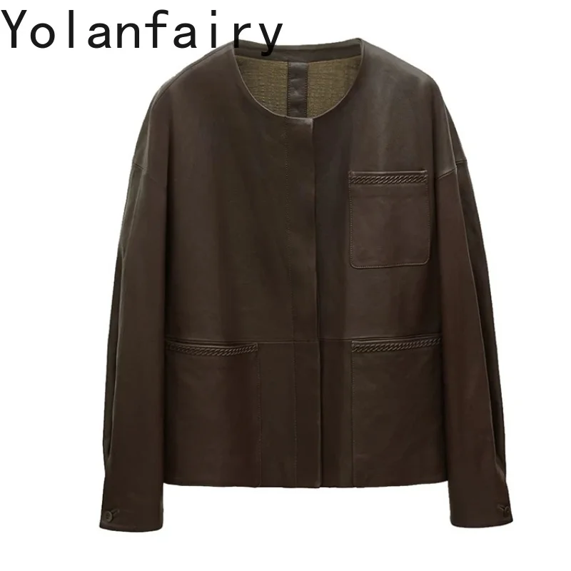 YOLANFAIRY High-end Real Sheepskin Coat Woman 2026 Fashion Luxury 100% Genuine Leather Jacket Women O-neck Elegant Leather Coats