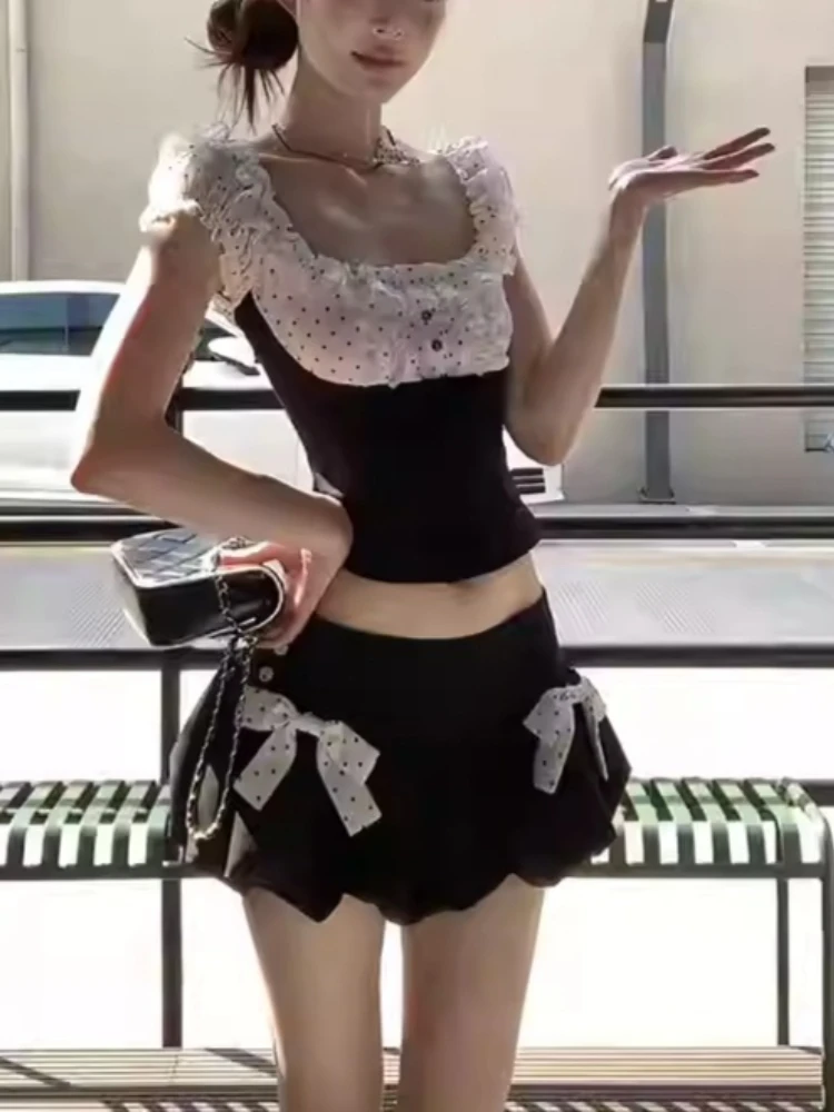 

Korean Style Sexy Spicy Girl Sweet 2 Piece Set Women Chic Lace Polka Dot Short Sleeve Tops + Skirts Japanese Fashion Y2k Outfits