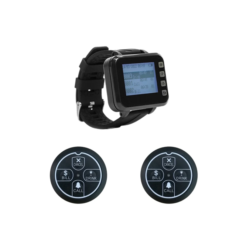 Electronic Wireless Waiter Call System 1 Clock Hour Wrist Pager Receiver 2pcs Table Order Vibration Bell