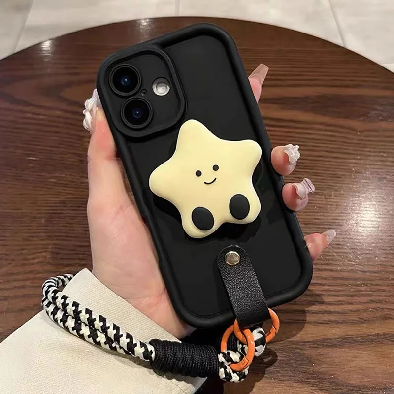 Cute Black Soft Phone Case For iPhone 16 15 14 Pro Max 13 12 11 Pro Max Cover with Yellow Star Kickstand and Braided Wrist Rope