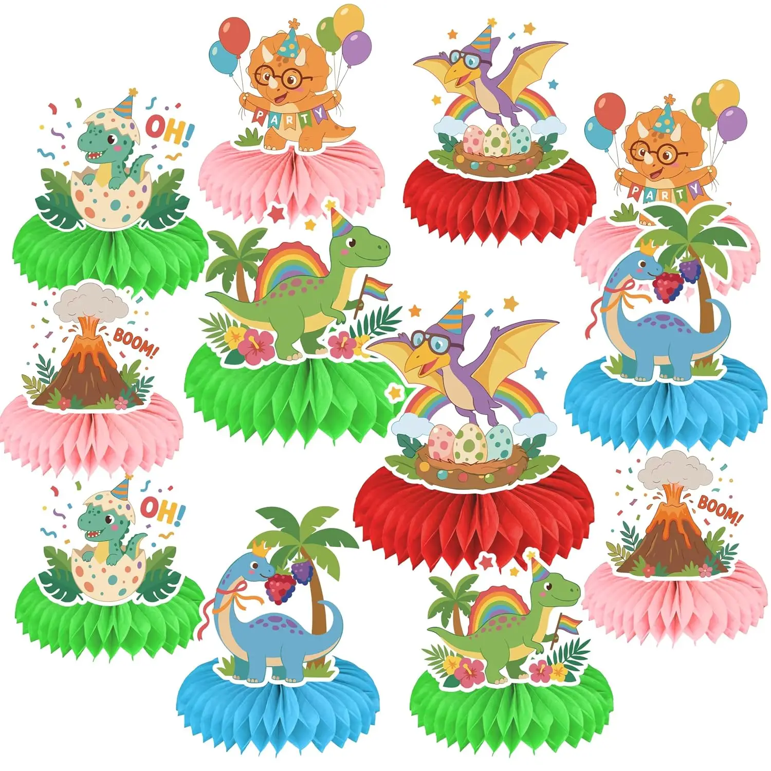 12 Pcs Dinosaur Honeycomb Centerpieces Cute Cartoon Dino Table Decor for Kids Birthday Party Baby Shower Prehistoric Animal