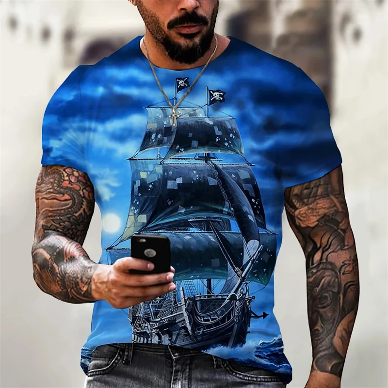 Vintage Men's Graphic T Shirts 3D Printing Pirate Ship Crew Neck Short Sleeve T-shirt For Men Oversized Clothing Homme Camiseta