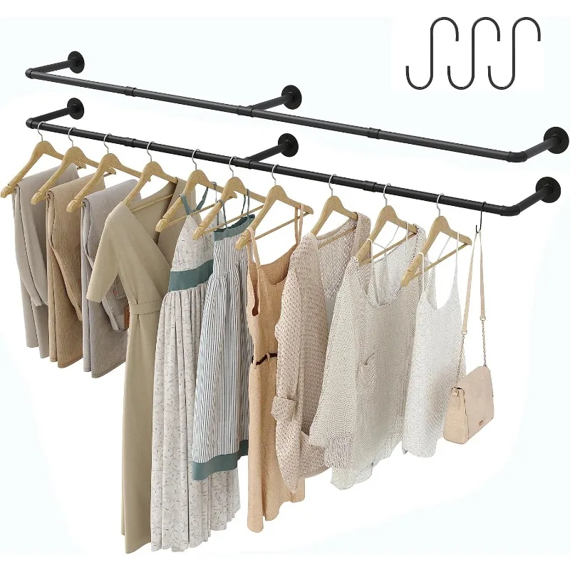 Industrial Pipe Clothes Rack with 3 S-shaped Hooks, 72’'L Wall Mounted Garment Rack, Max Load 135Lb Black (2 Package)