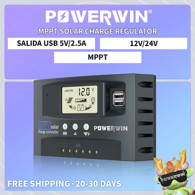 POWERWIN MT01 12/24V Solar Power Voltage Dual USB LCD Display For LiFePo4 Battery 30A/50A Solar Controller Auto Micro MPPT