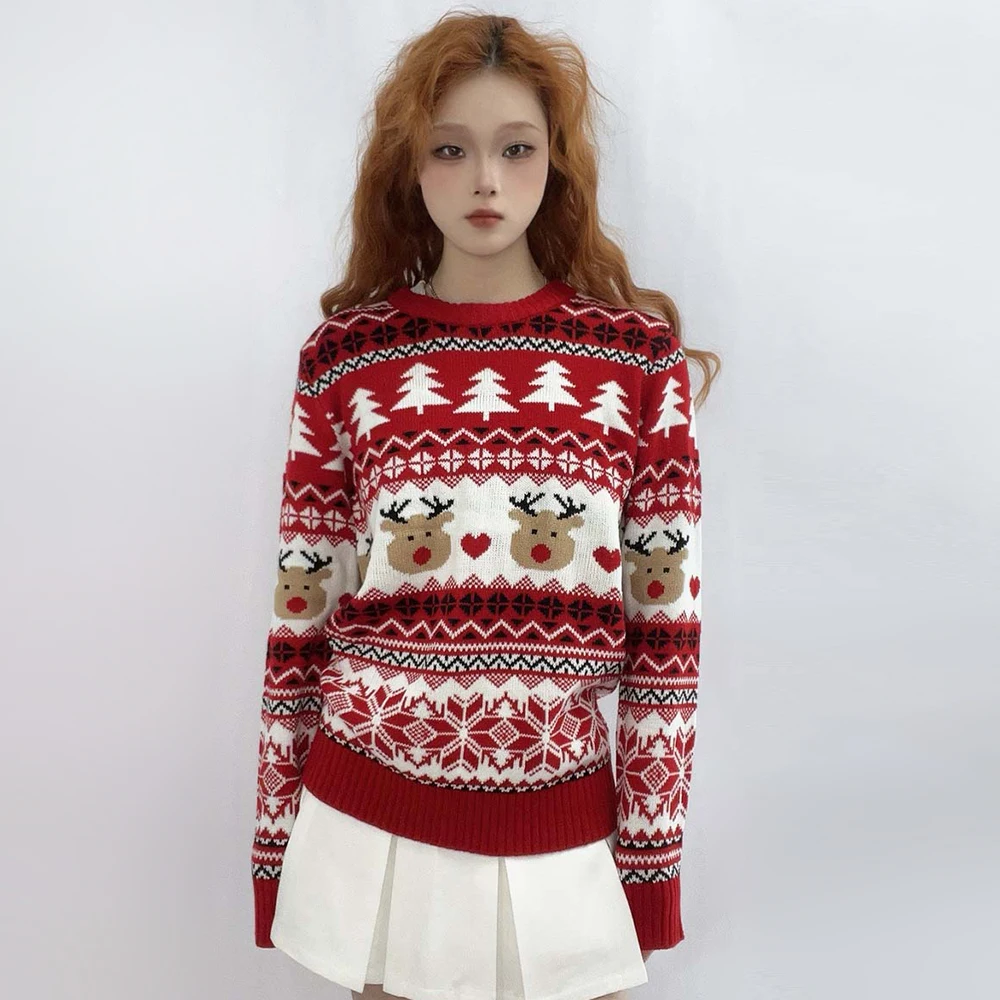 Warm Crewneck Christmas Knit Sweater 2024 New Elk Sweet Pullover Long-Sleeved Fashion Casual Sweater