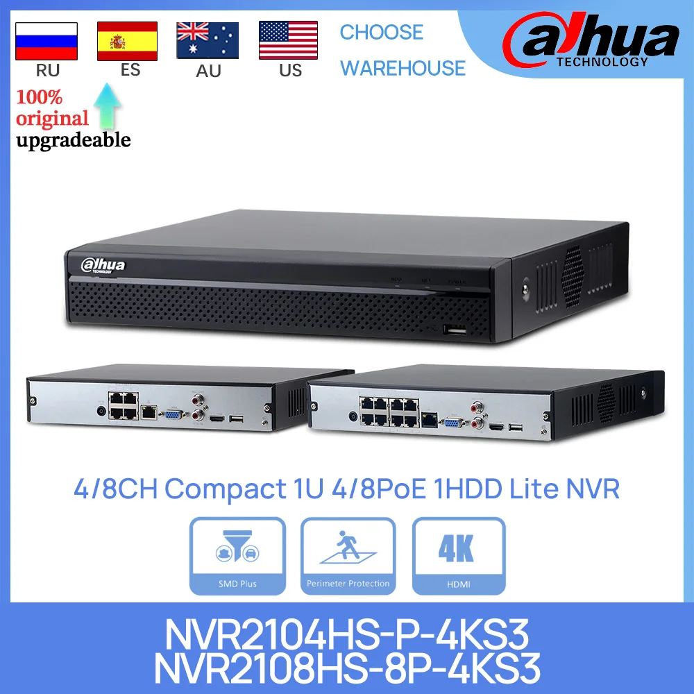 Dahua Original NVR2104HS-P-4KS3 NVR2108HS-8P-4KS3 4CH/8CH Compact 1U 4/8PoE 1HDD Lite AI Network Video Recorder SMD Plus ONVIF