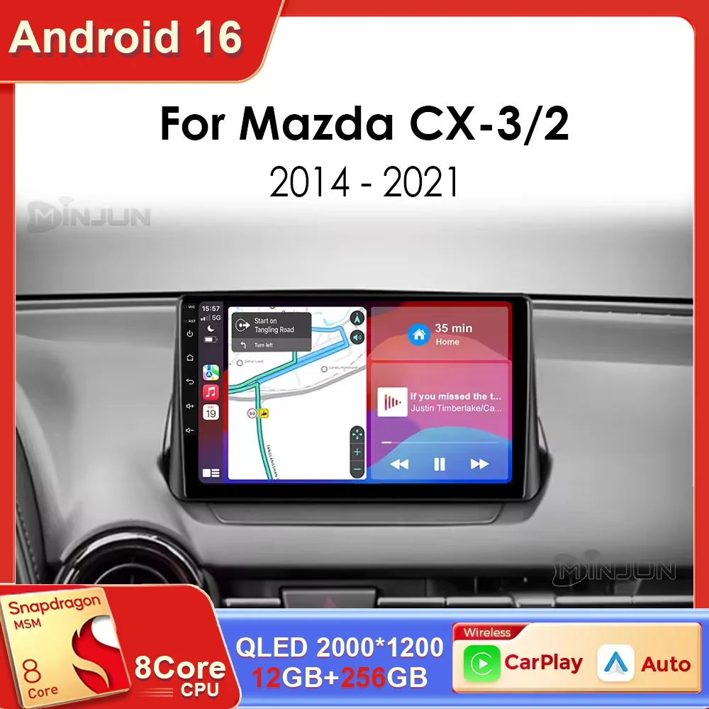 Radio para Auto Android 16 con Carplay, WIFI+4G para Mazda CX-3 CX3 Mazda 2 DK 2014-2021, Reproductor Multimedia, GPS, Estéreo, Unidad Principal, DSP, RDS