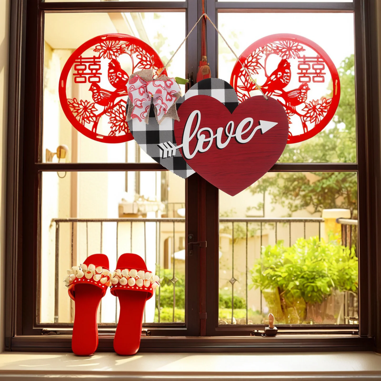 

Wood Double Heart Door Sign Valentine Day Wall Hanging Ornaments Romantic Love Decorations Natural Rustic Decor