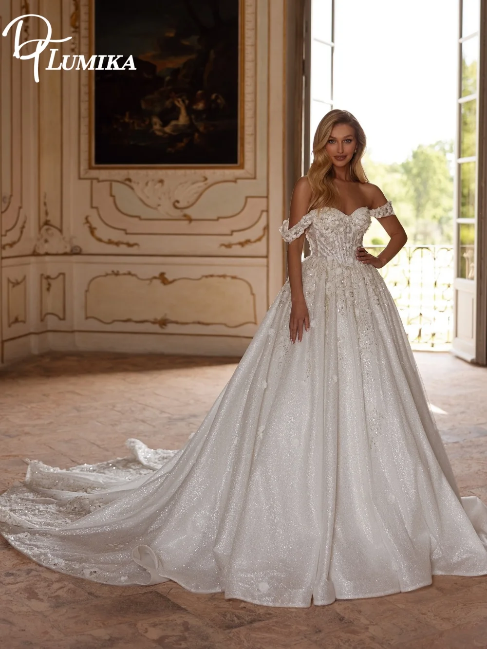 Luxurious Sparkly Off Shoulder Ballgown Wedding Dress 2026 With Long Train Romantic Bridal Gown Customized Fit Vestido De Novia