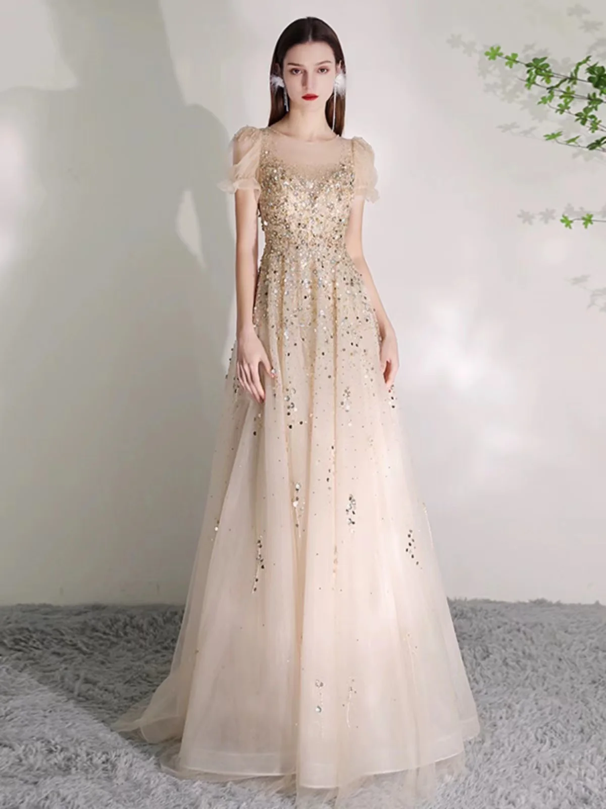 2024 New Long Prom Dresses Plus Size Vestido Elegant Pattern Embroidered Illusion Tulle Short Sleeve Party dress