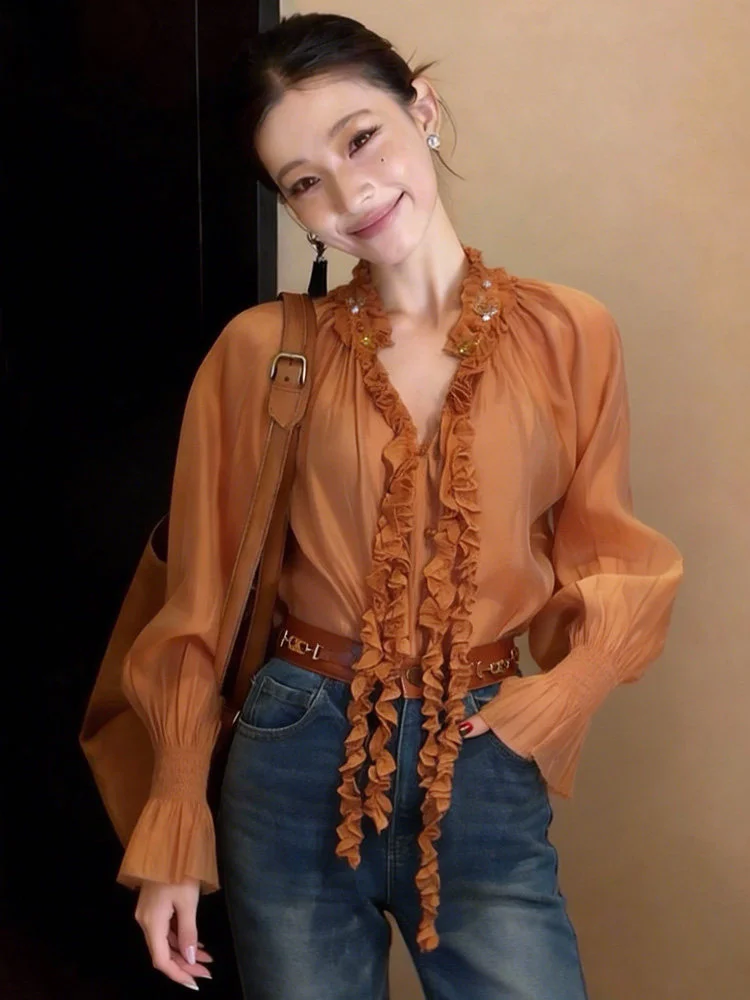 

Ретро-блузка с V-образным вырезом и рукавами-колокол для женщин: уникальный, красивый, элегантный топ во французском стиле из полиэстера с высокой эластичностью для повседневной носки