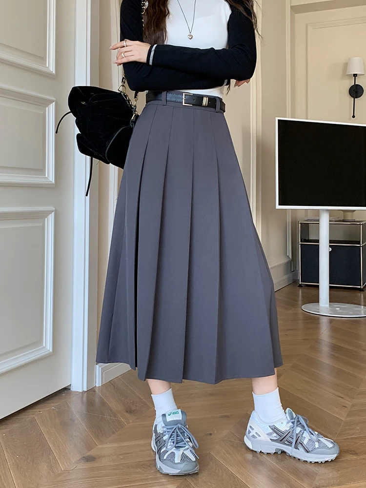 SALIENCY Wysoka talia Solidna plisowana szara spódnica do kolan Wiosna i lato Moda w stylu Preppy Plisowana spódnica w kształcie litery A Streetwear — zdjęcie 2