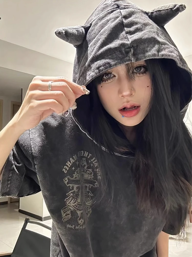 AltGoth Harajuku Gothic Devil Horn T-shirt Women Vintage Streetwear Cyber Punk Y2k Emo Printed Hole Short Sleeve Hooded Tee Tops