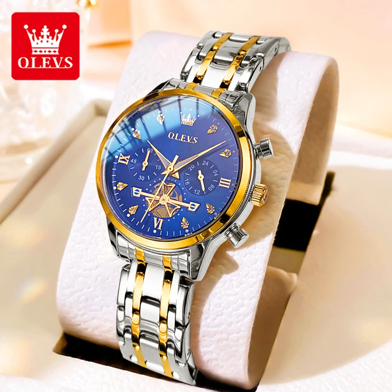 OLEVS 2897 Original Ladies Quartz Watch Chronograph Flywheel Skeleton Waterproof Luminous Women's Bracelet Wristwatch