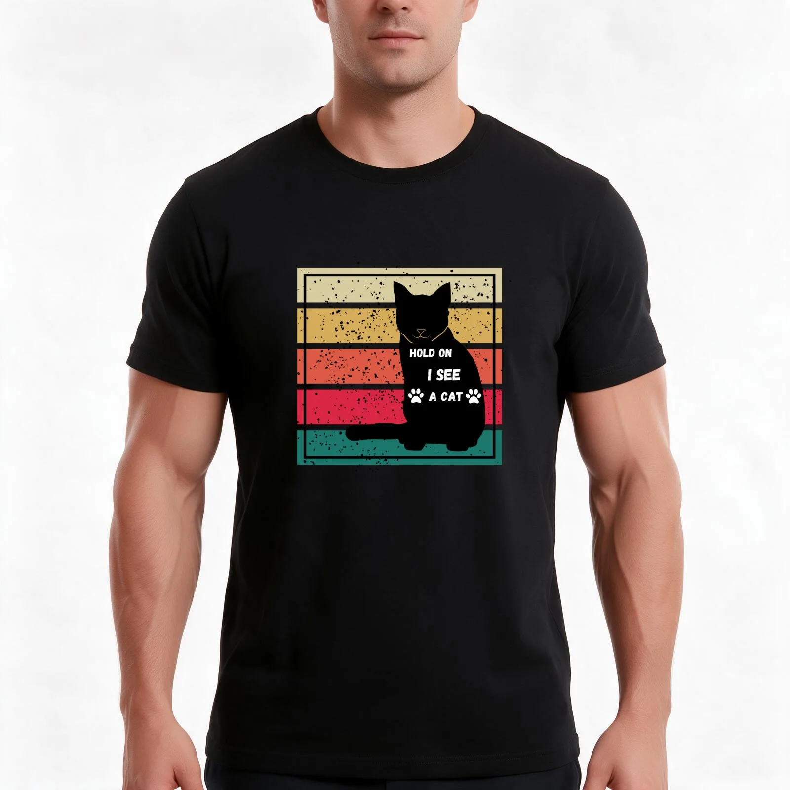Copy of Hold on i see a cat T-Shirt, Summer Casual Cotton Tee, Oversized Streetwear Tops, Vintage Graphic Print, 100% Cotton